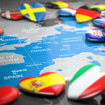 European country hearts sprawled out on a map of Europe